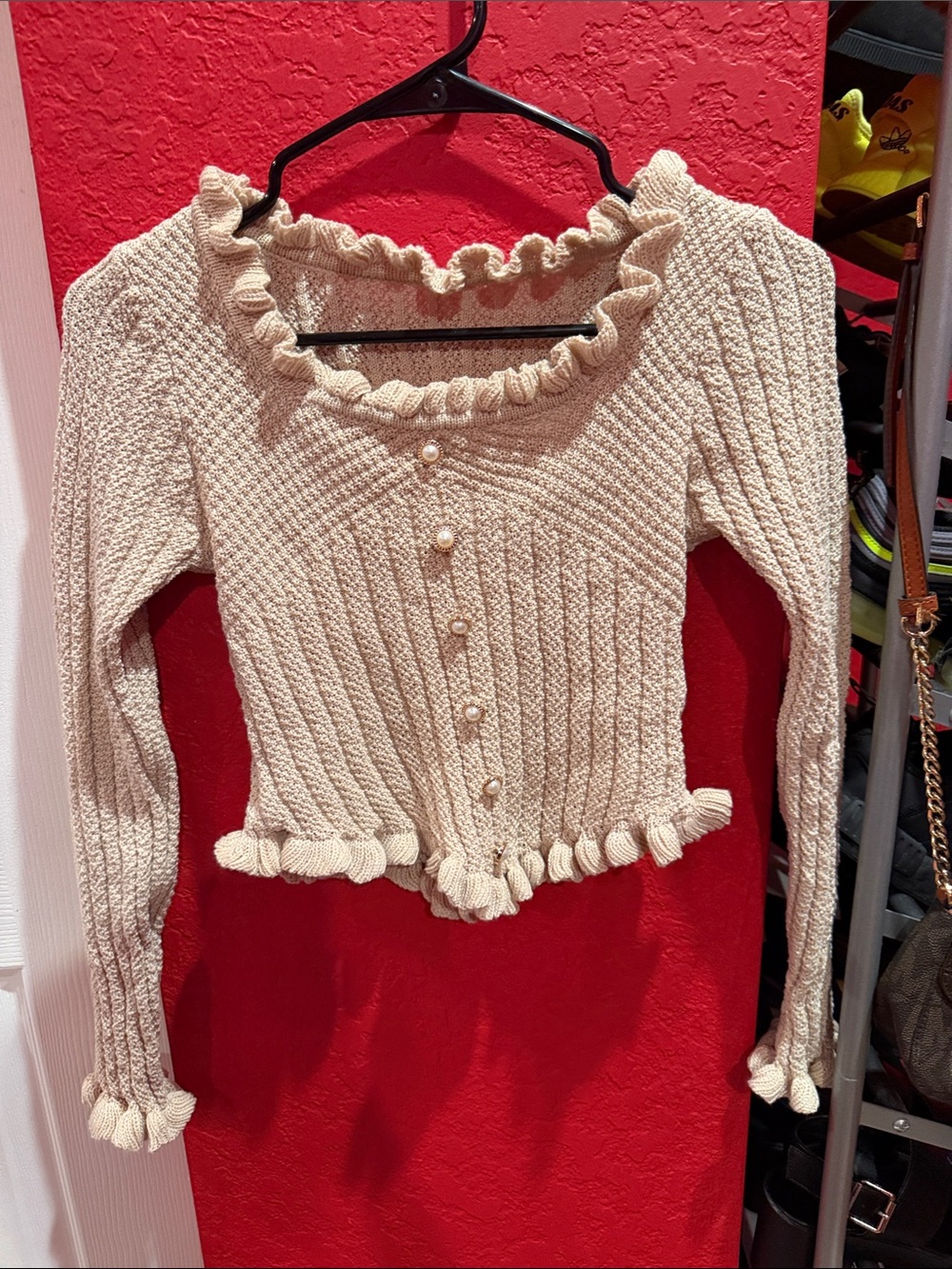 Cream Ruffle Trim Button-Front Women's crop Sweater